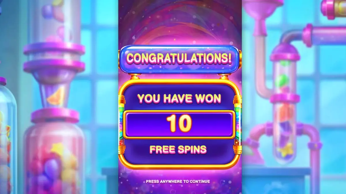 หน้าจอเกมสล็อต Sweet Burst ที่เต็มไปด้วยสัญลักษณ์ผลไม้และขนมหวานในห้องแล็บ