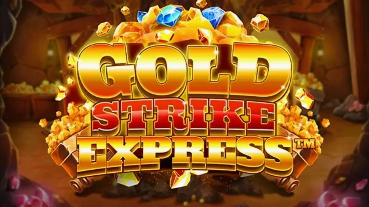 ภาพกราฟิกของเกมสล็อต Gold Strike Express ที่แสดงรางรถไฟและตารางสล็อตในเหมืองทอง